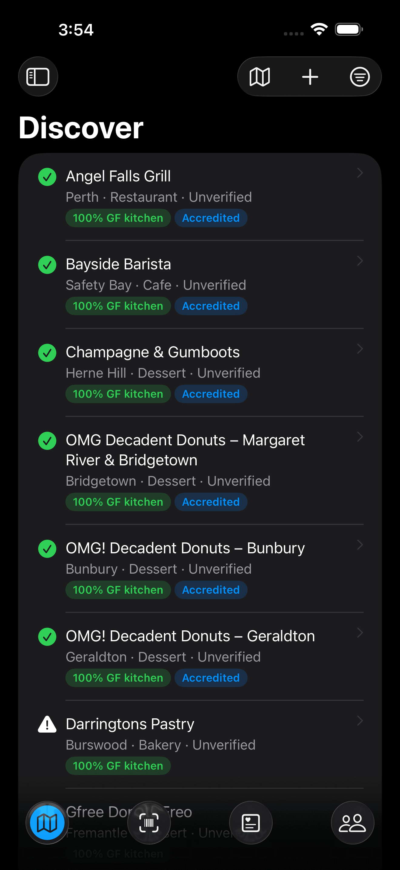 GutenGluten Places screen. A list of Perth venues, each with a badge and gluten-free kitchen tags.