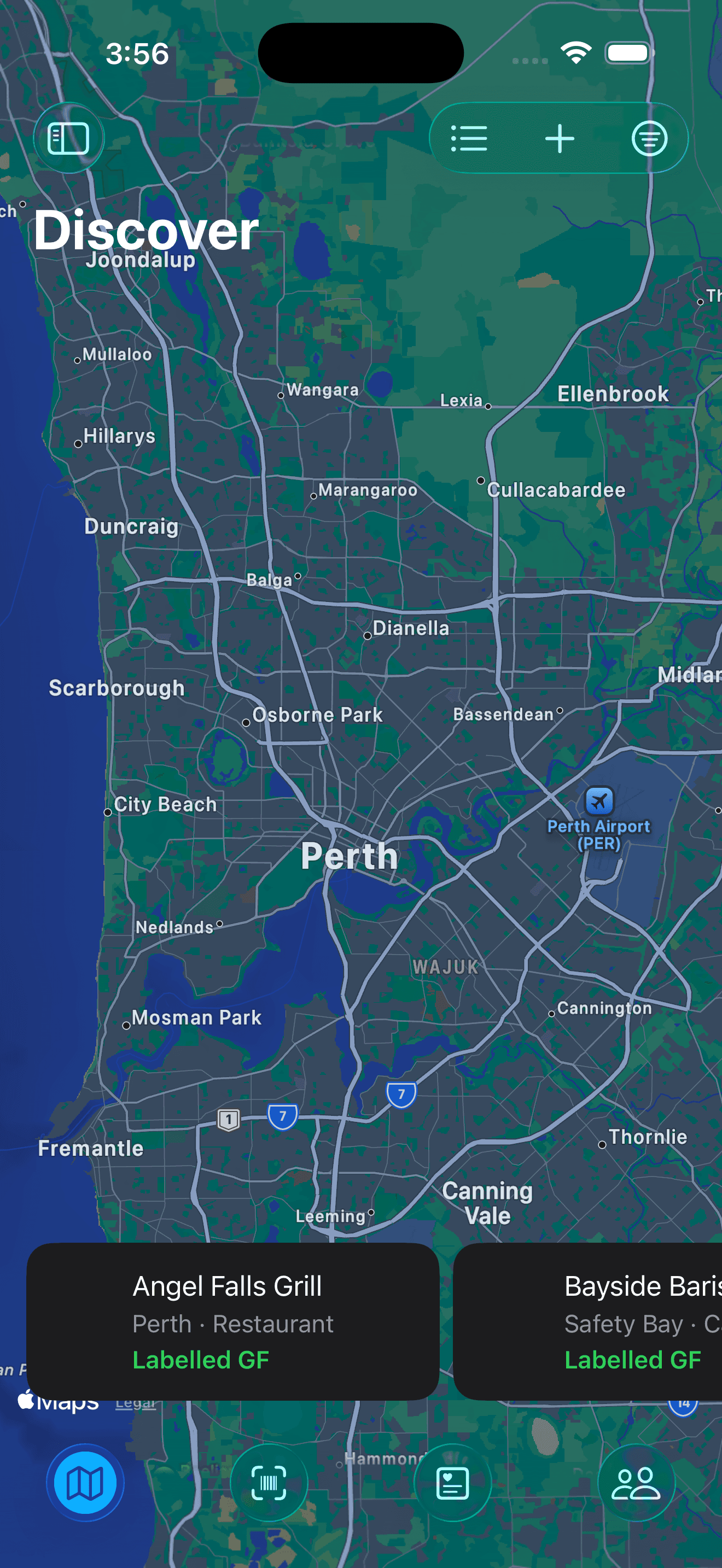 GutenGluten map screen. Venue pins across Perth with a card for the selected venue.
