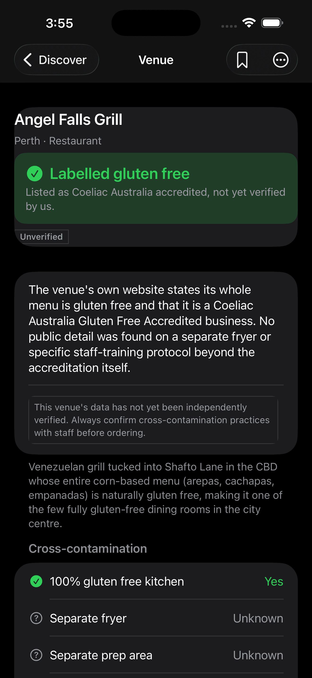 GutenGluten venue screen. A labelled gluten free status, the source of the claim and a cross-contamination checklist.